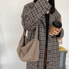 Houndstooth Crossbody Bag Wide-straps Zipper Vintage
