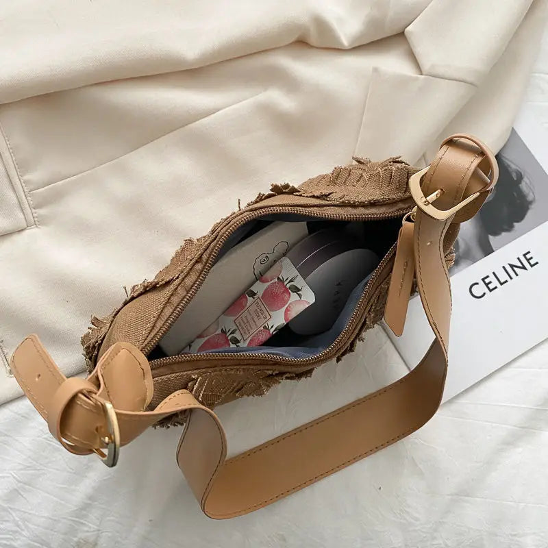 Shoulder Bags Women Khaki Underarm Canvas Stylish All-match Zipper Ladies