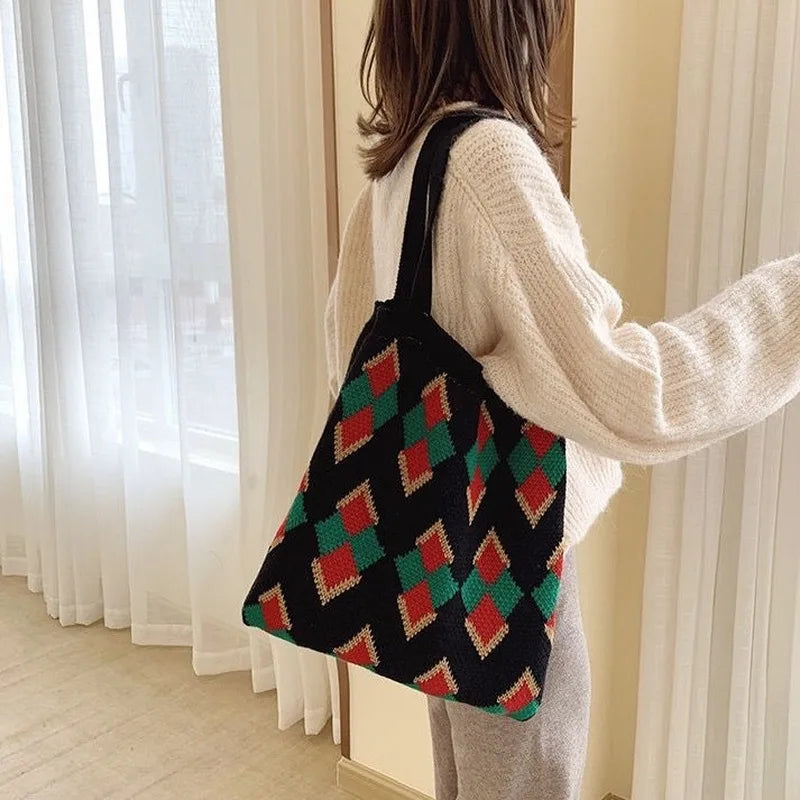 Women Knitting Paneled Vintage Winter Christmas Diamond Lattice Bag