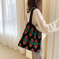 Women Knitting Paneled Vintage Winter Christmas Diamond Lattice Bag