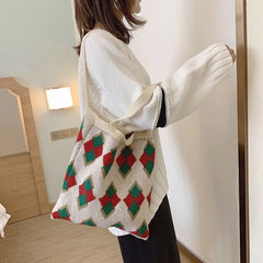 Women Knitting Paneled Vintage Winter Christmas Diamond Lattice Bag