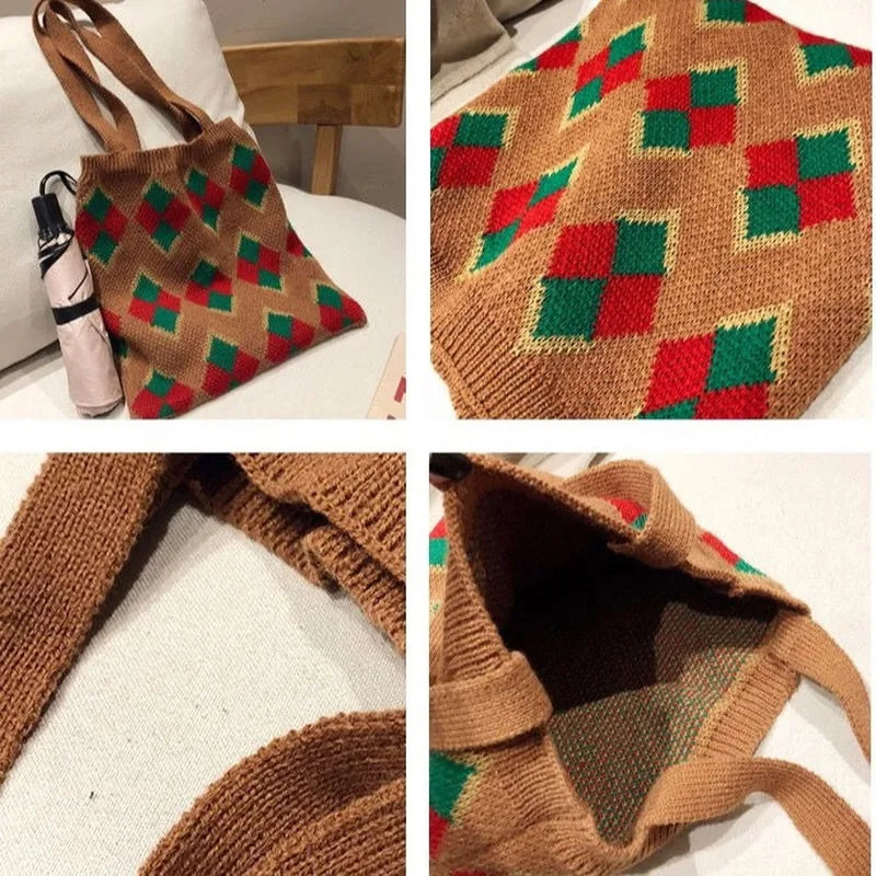 Women Knitting Paneled Vintage Winter Christmas Diamond Lattice Bag