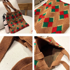 Women Knitting Paneled Vintage Winter Christmas Diamond Lattice Bag