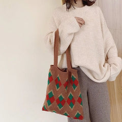 Women Knitting Paneled Vintage Winter Christmas Diamond Lattice Bag
