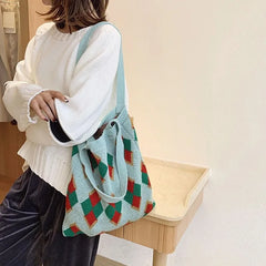 Women Knitting Paneled Vintage Winter Christmas Diamond Lattice Bag