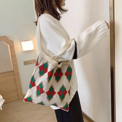 Women Knitting Paneled Vintage Winter Christmas Diamond Lattice Bag