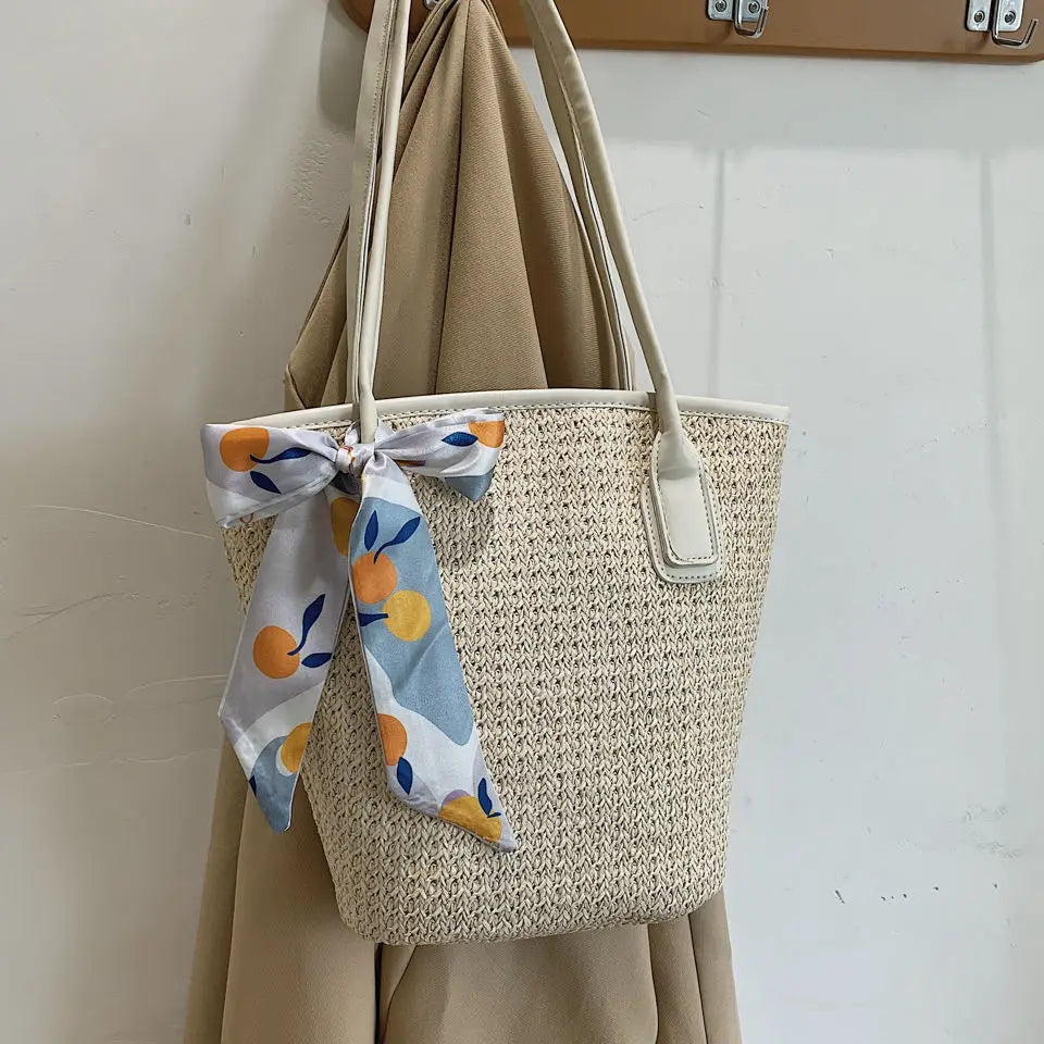 Large Capacity Shoulder Bags Women Straw Patchwork Zipper Totes Beach