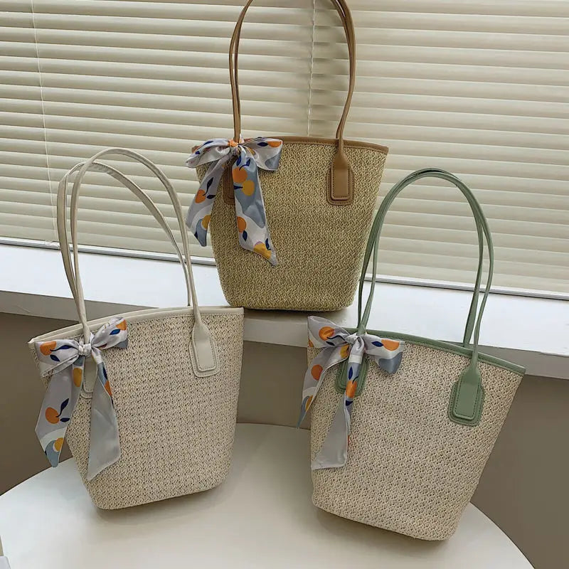 Large Capacity Shoulder Bags Women Straw Patchwork Zipper Totes Beach