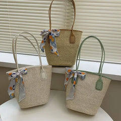 Large Capacity Shoulder Bags Women Straw Patchwork Zipper Totes Beach