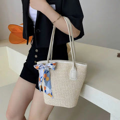 Large Capacity Shoulder Bags Women Straw Patchwork Zipper Totes Beach