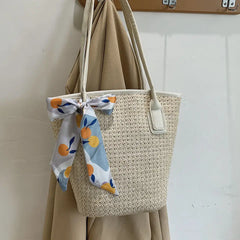 Large Capacity Shoulder Bags Women Straw Patchwork Zipper Totes Beach
