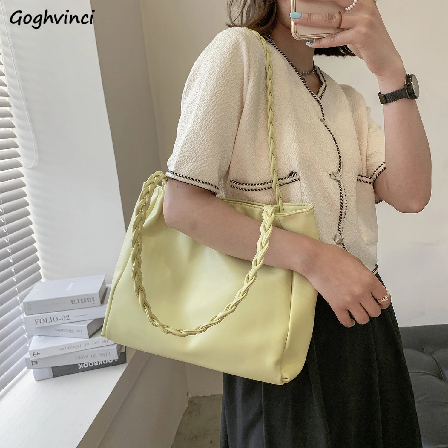 Yellow Shoulder Bag Women Large Zipper Totes Casual Handbags