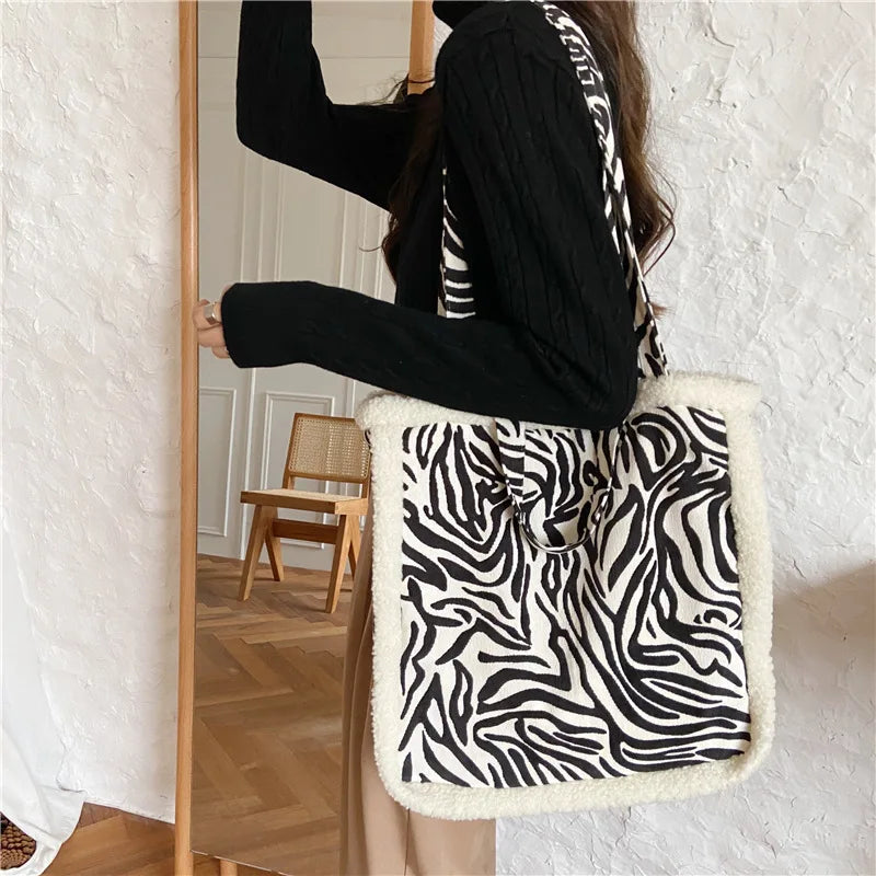 Leopard Shoulder Bag Lambswool Winter Handbag Vintage All-match