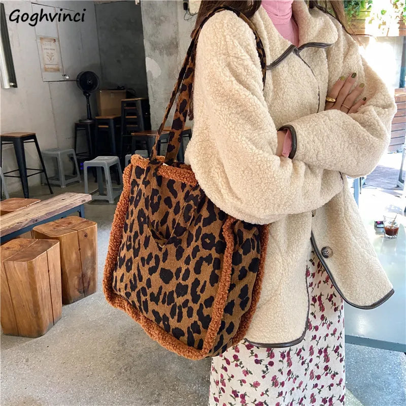 Leopard Shoulder Bag Lambswool Winter Handbag Vintage All-match