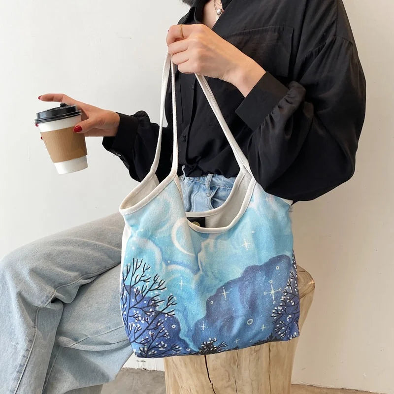Shoulder Bags Women Oil Painting Landscape Canvas Bag Large Capacities