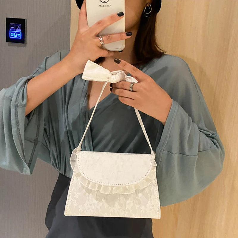 Shoulder Bags Women PU Leather Lace Bow Sweet Ladies Flaps Vintage Chain-bag