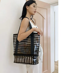 Women PVC Striped Shoulder Bag Large Capacity Makeup Storage Handbag