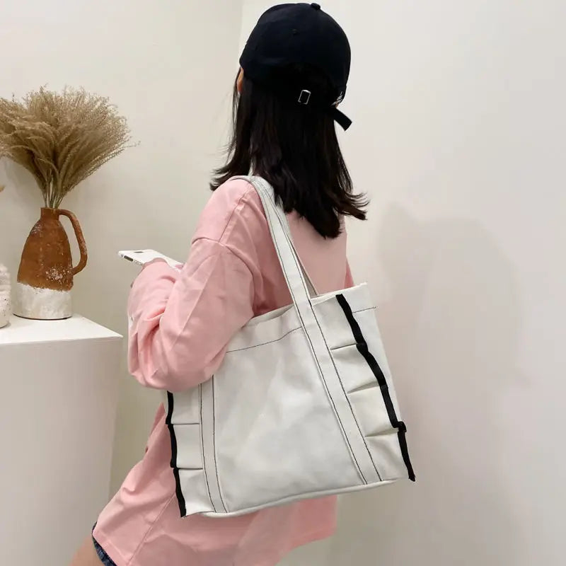 Women Patchwork Harajuku Canvas Shoulder Bag Casual Tote Large Capacity