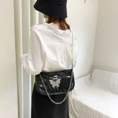 Women Patent Leather Butterfly Diamonds Flaps Texture Pearls Handbag