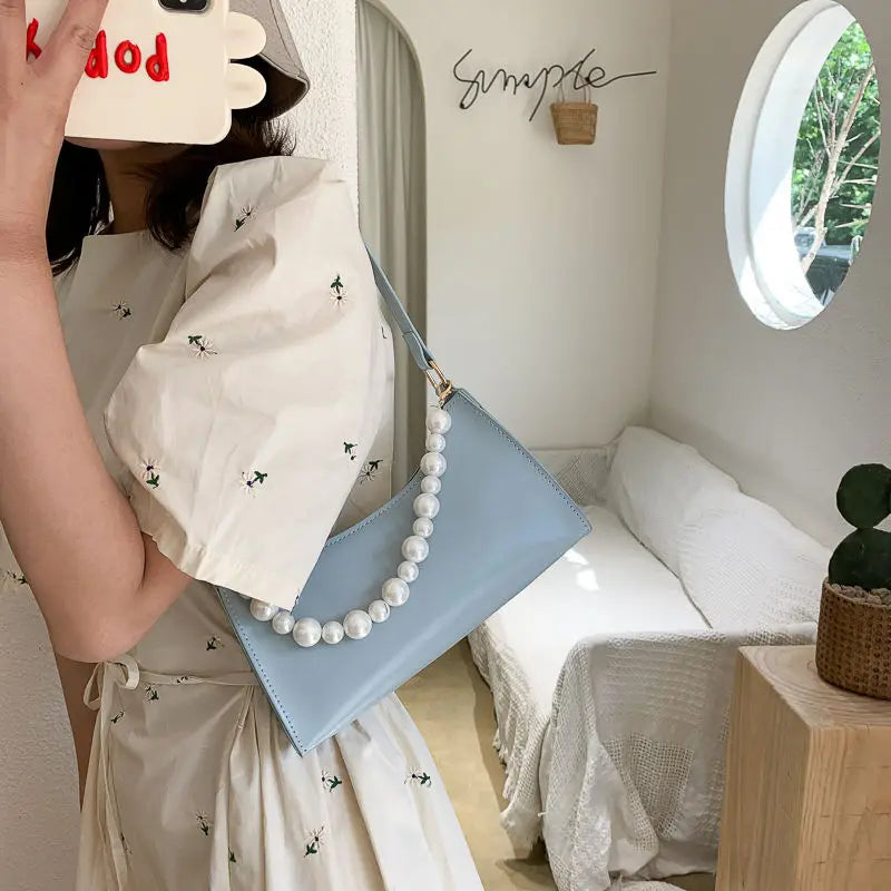 Shoulder Bags Women Pearls Underarm Bag PU Korean-style Sweet Ladies Handbags