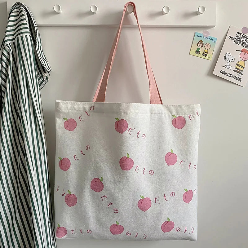 Pink Printing Canvas Shoulder Bag Zipper Preppy Style Sweet Leisure Tot