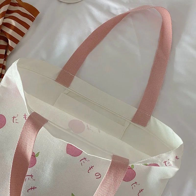 Pink Printing Canvas Shoulder Bag Zipper Preppy Style Sweet Leisure Tot