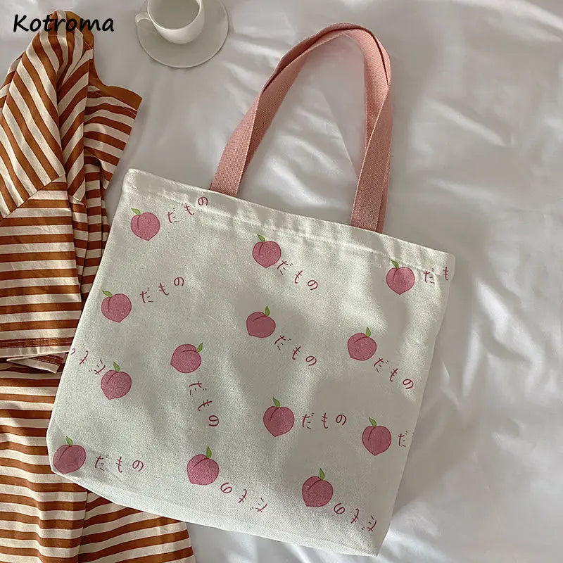 Pink Printing Canvas Shoulder Bag Zipper Preppy Style Sweet Leisure Tot