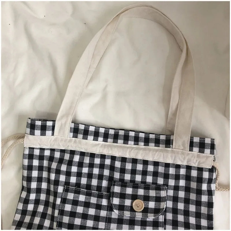 Plaid Canvas Shoulder Bag for Women Eco-friendly Lunch Bag