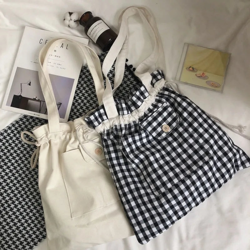 Plaid Canvas Shoulder Bag for Women Eco-friendly Lunch Bag