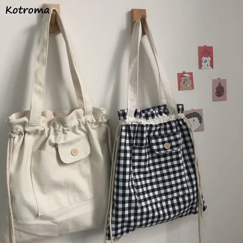 Plaid Canvas Shoulder Bag for Women Eco-friendly Lunch Bag