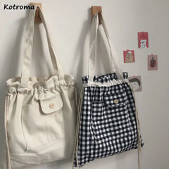 Plaid Canvas Shoulder Bag for Women Eco-friendly Lunch Bag