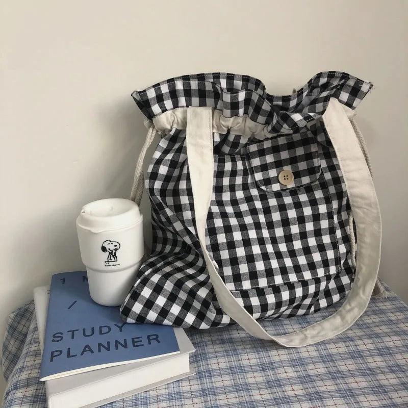 Plaid Canvas Shoulder Bag for Women Eco-friendly Lunch Bag