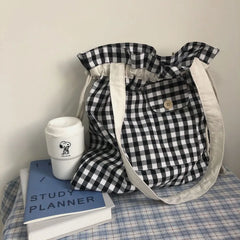 Plaid Canvas Shoulder Bag for Women Eco-friendly Lunch Bag