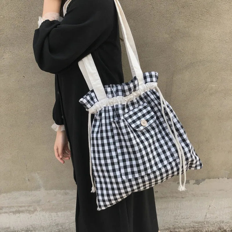 Plaid Canvas Shoulder Bag for Women Eco-friendly Lunch Bag
