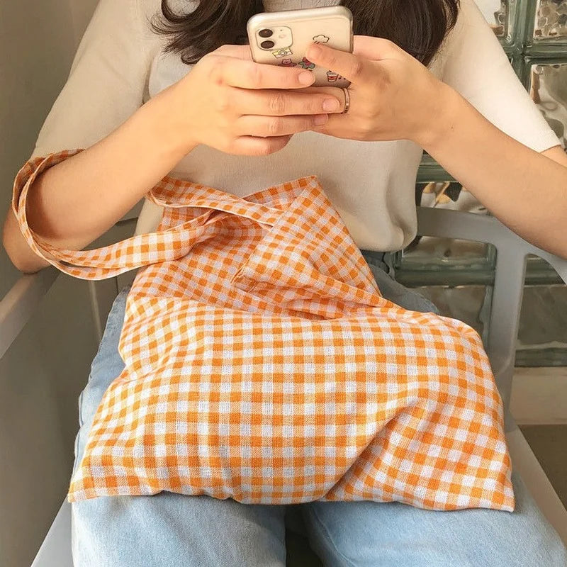 Plaid Canvas Tote Bag Eco Harajuku Shopper Reusable Handbags