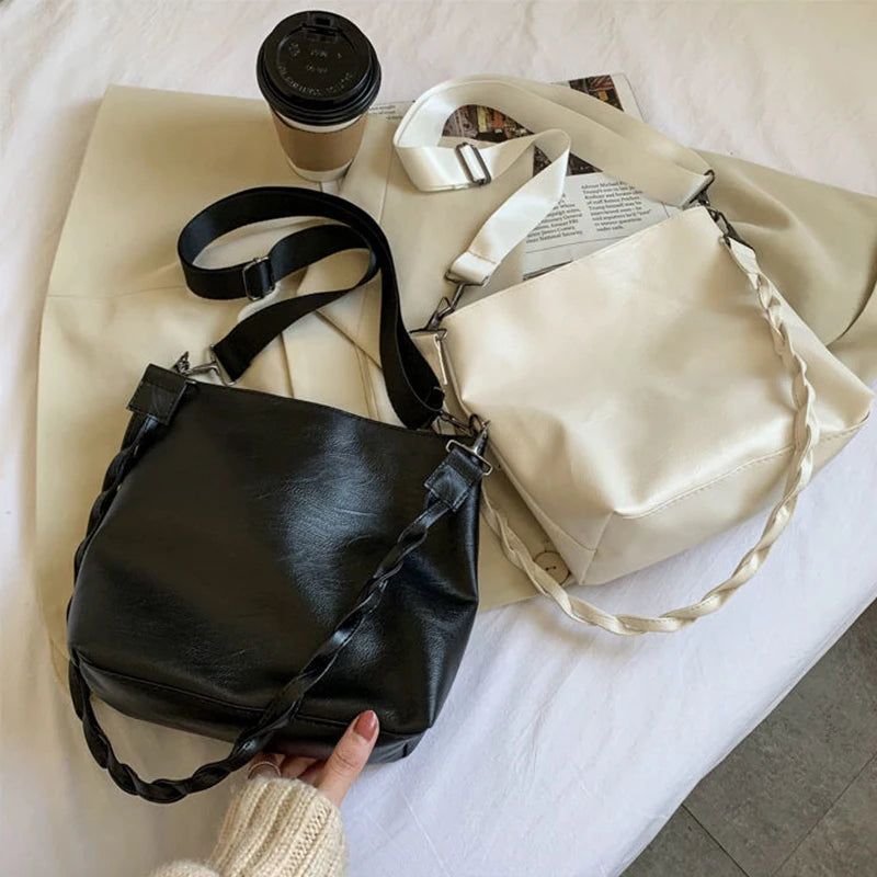 Solid Double Strap PU Leather Shoulder Bag Women