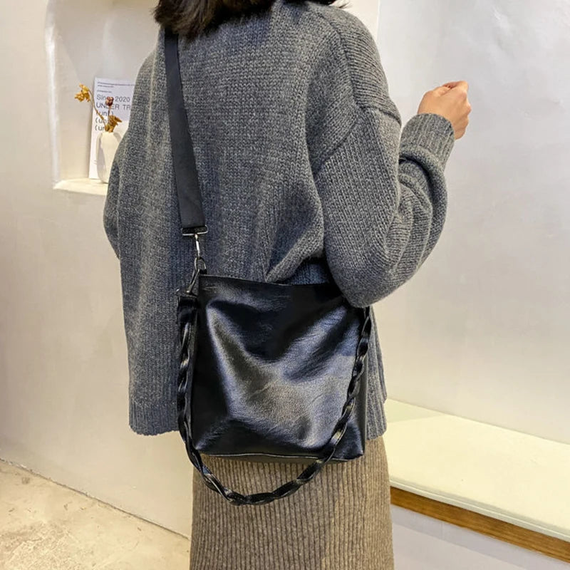 Solid Double Strap PU Leather Shoulder Bag Women