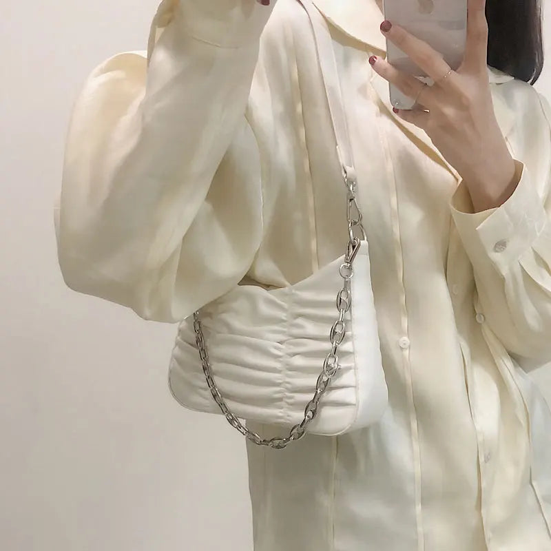 Shoulder Bags Women Pleated Chain High Street Handbags Retro Party Ulzzang