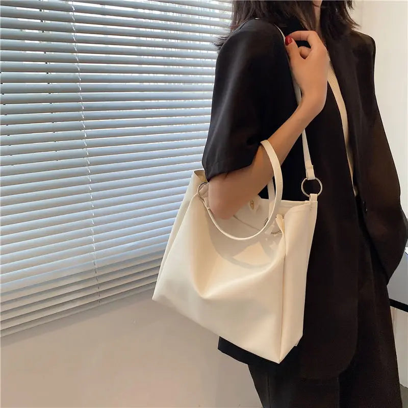 Large Capacity PU Leather Shopping Bag Ladies Tote Retro Vintage Style