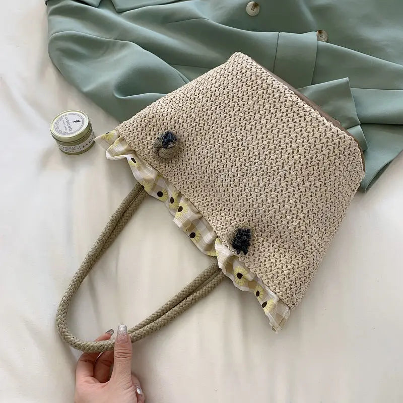 Straw Shoulder Bags Women Totes Large Capacity Lace Travel Beach Handbags