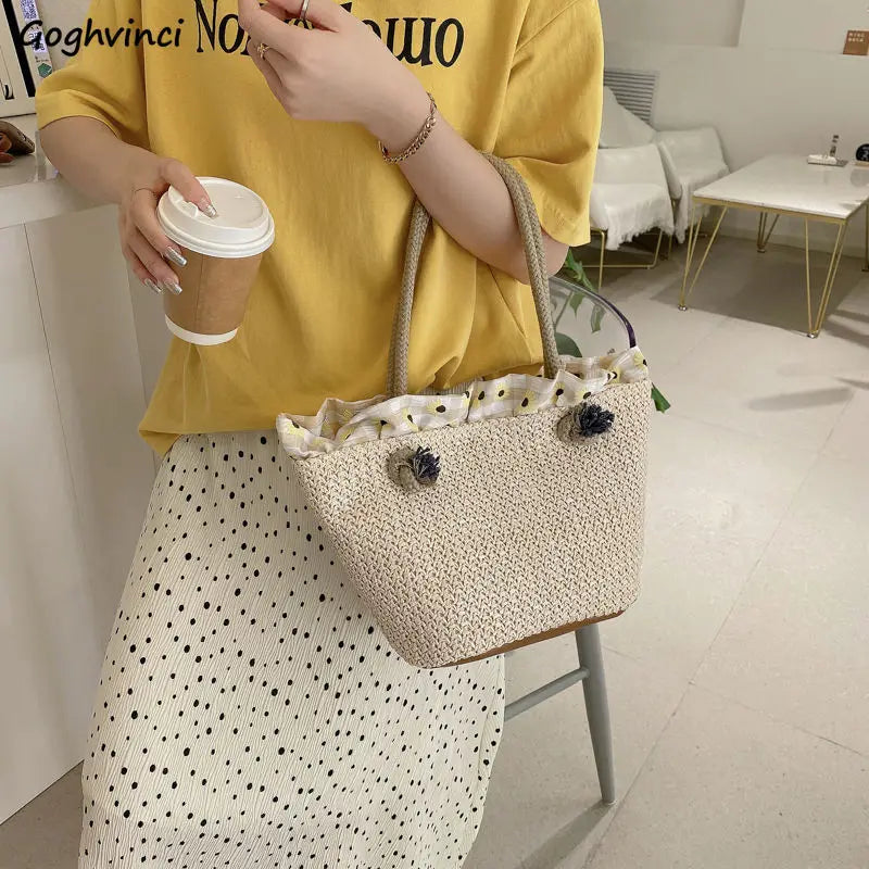 Straw Shoulder Bags Women Totes Large Capacity Lace Travel Beach Handbags