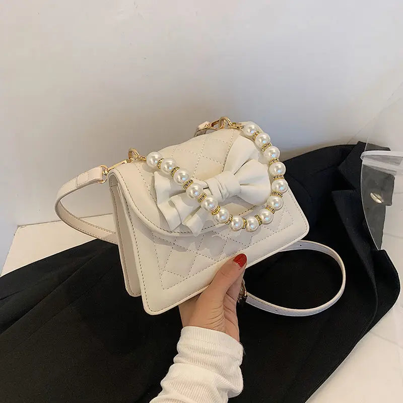 Sweet Bow Pearls Cross Body Mini Handbag Girl Fairy PU Leather Flap Bag