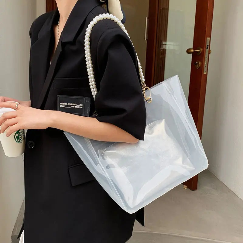 Women Transparent Shoulder Bag Casual Totes Summer Pearls Straps Portable