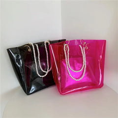 Women Transparent Shoulder Bag Casual Totes Summer Pearls Straps Portable