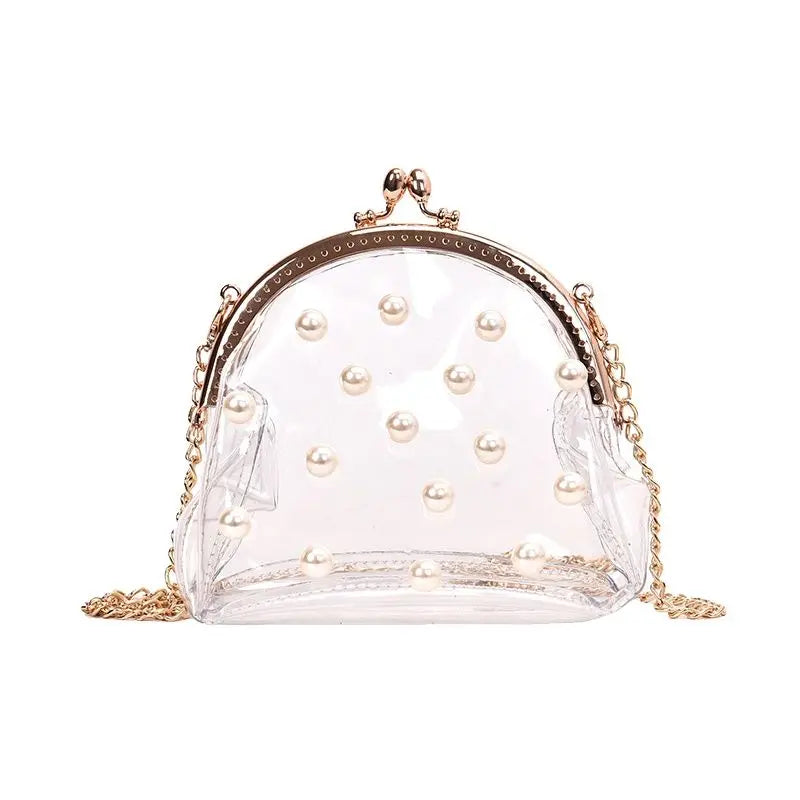 Women Transparent PVC Jelly Bag Chain Pearls Cross-body