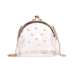 Women Transparent PVC Jelly Bag Chain Pearls Cross-body