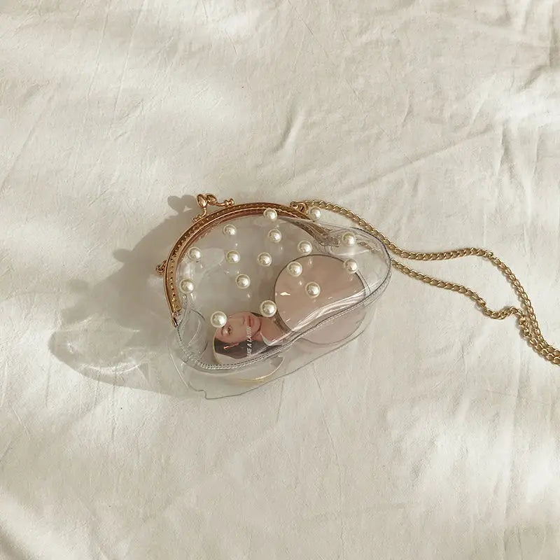 Women Transparent PVC Jelly Bag Chain Pearls Cross-body