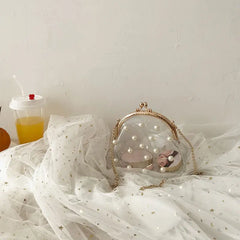 Women Transparent PVC Jelly Bag Chain Pearls Cross-body
