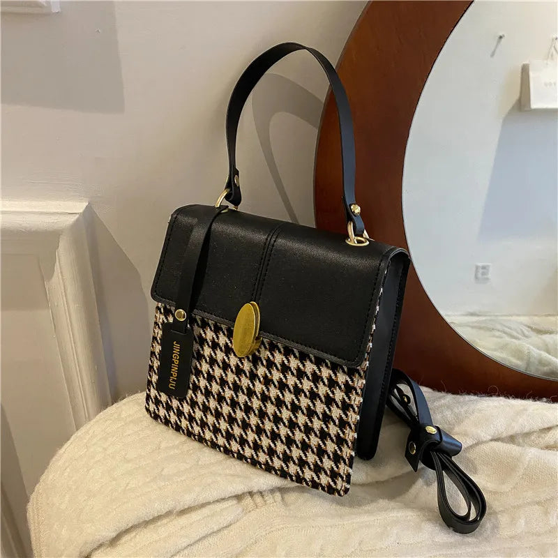 Vintage Houndstooth Shoulder Bag for Women