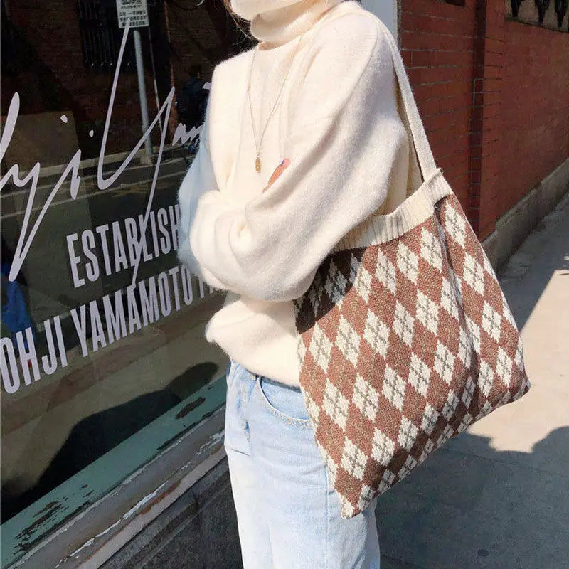 Shoulder Bags Women Vintage Knitted Winter Plaid Ins All-match Casual Tote Bag S